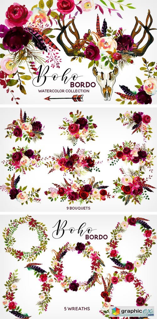 Boho Bordo Watercolor Flowers