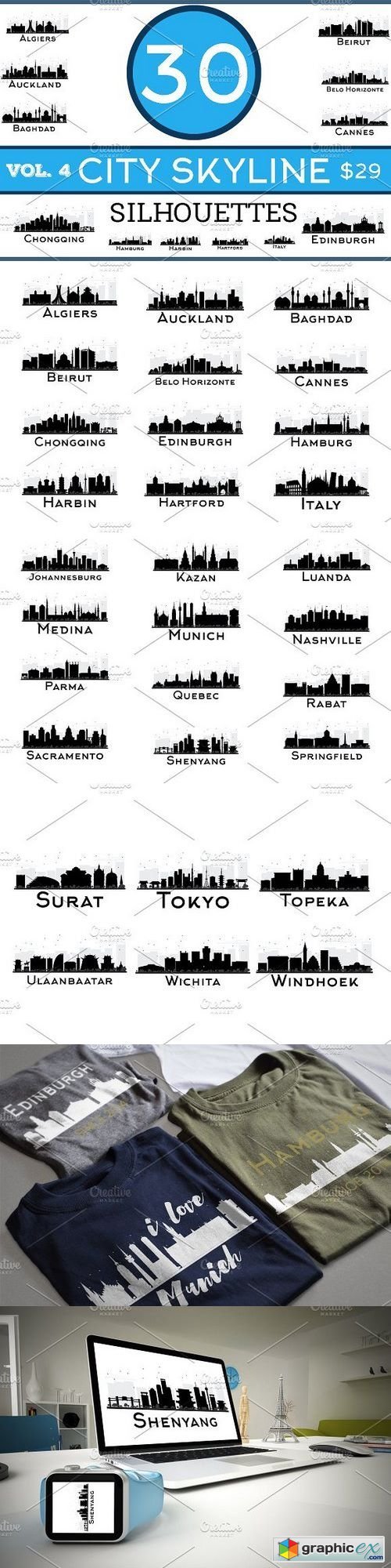 30 City Skyline Silhouettes Set 4