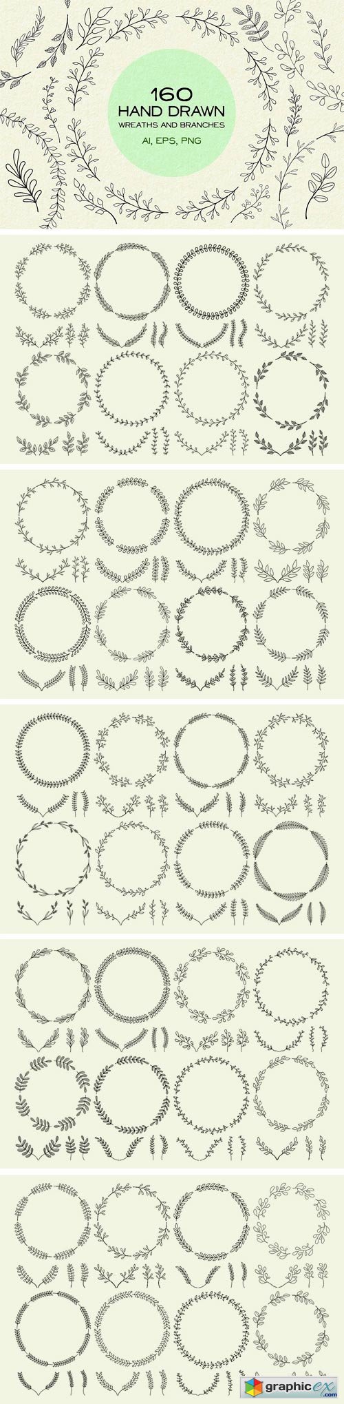160 Hand Drawn Wreaths and Branches