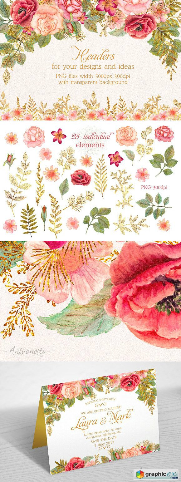 Watercolor glitter floral headers