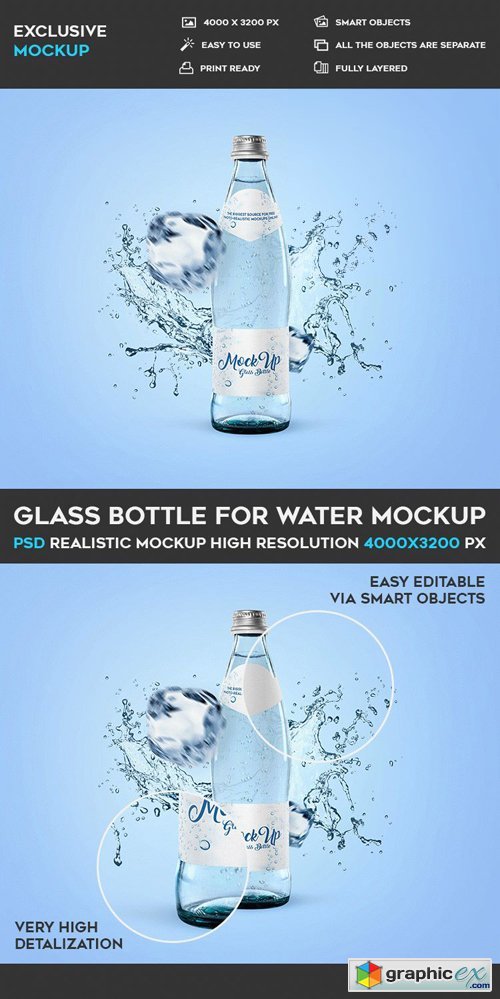 Glass Bottle for Water - PSD Mockup Template