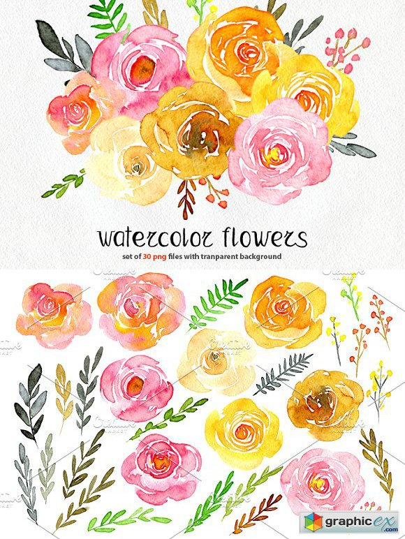 Yellow & pink watercolor flowers