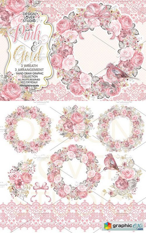 Watercolor PINK and GOLD wreaths
