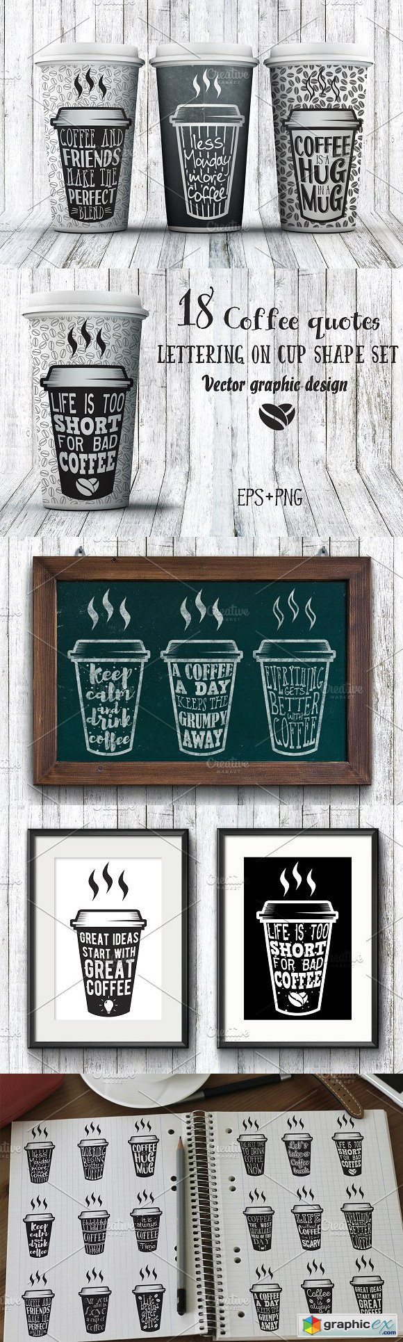18 Coffee Quotes. Lettering on cups