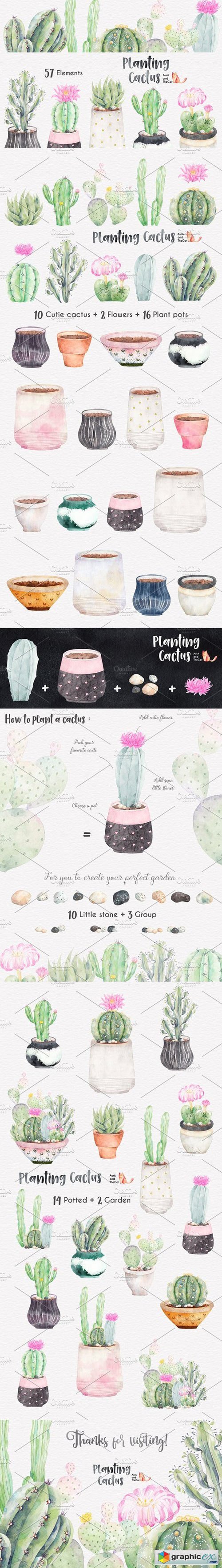 Planting Cactus Watercolor Clipart