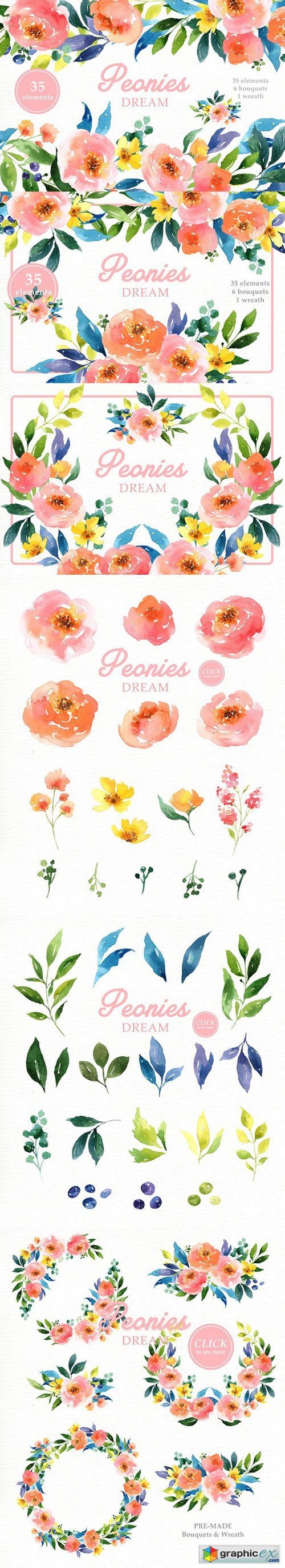 Peonies Dream Watercolor Clipart