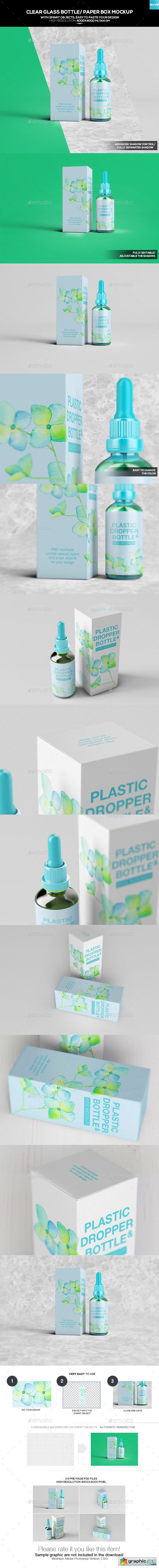 Clear Glass Bottle/ Paper Box Mockup