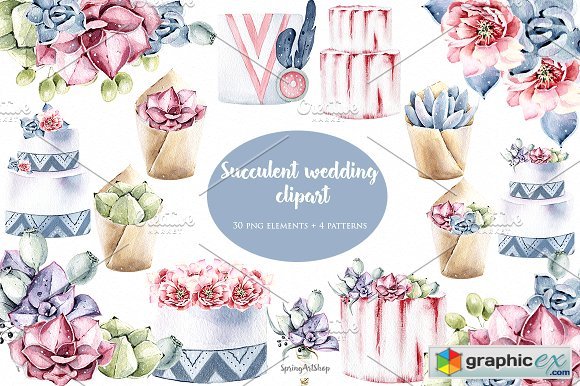 Boho succulent wedding clipart