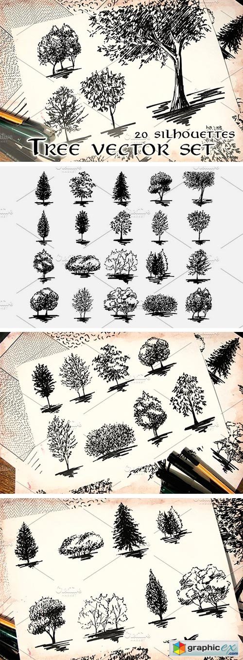 20 Tree Silhouette Sketch Set Vector