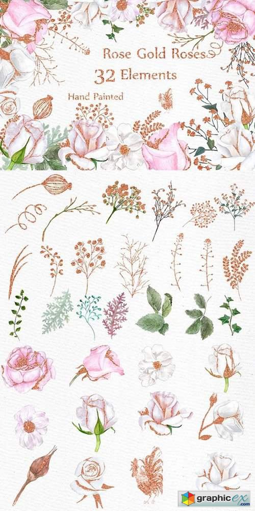 Rose Gold watercolor flowers clipart