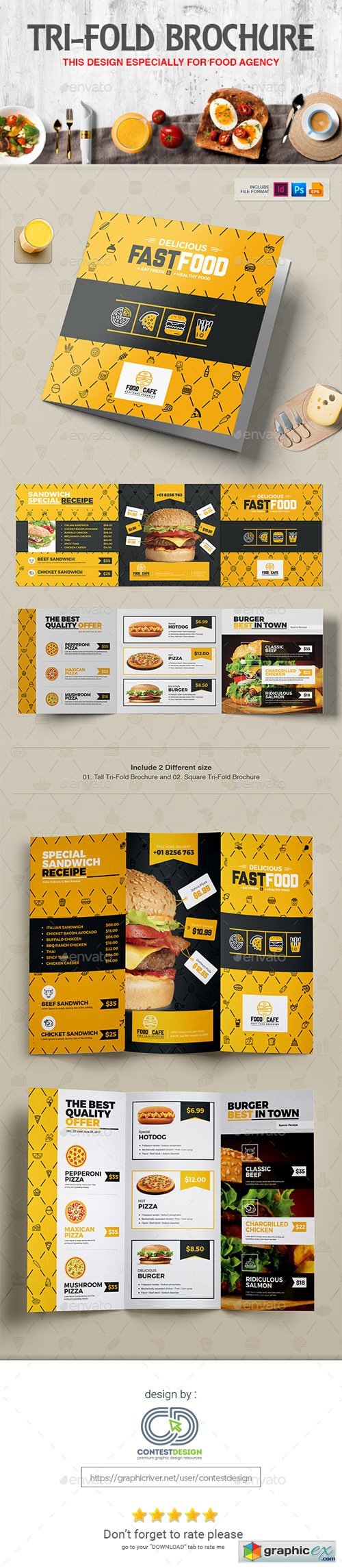 Tri-Fold Brochure (Square & Tall) Design Template for Fast Food / Restaurants / Cafe