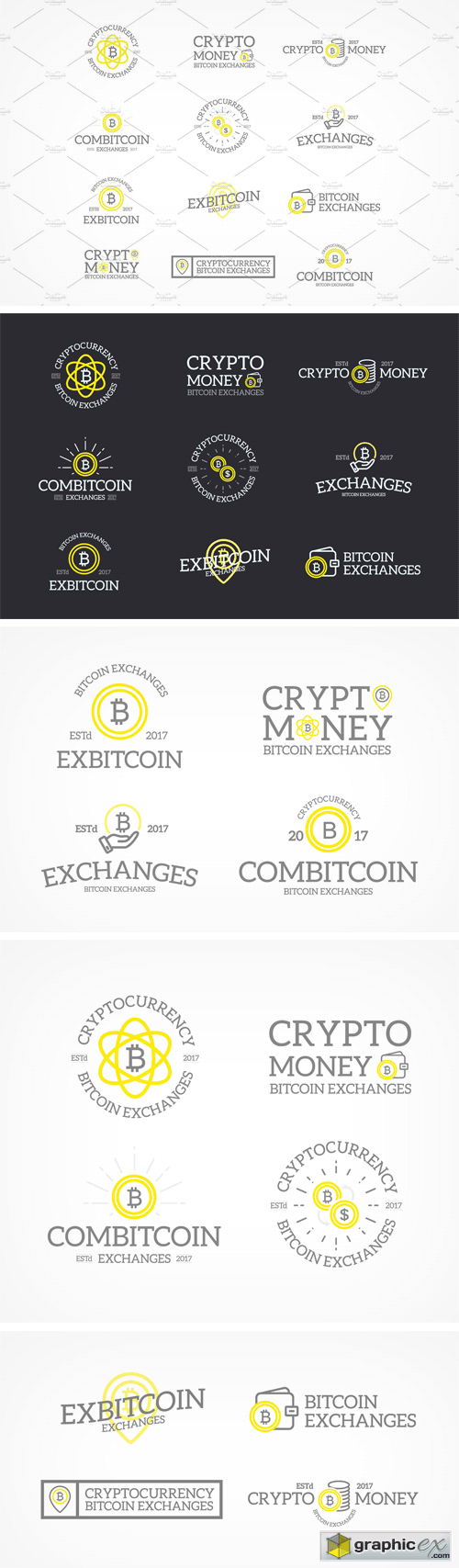 Set of Retro Vintage Bitcoin and Cryptocurrency Logos