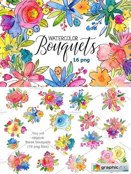 Watercolor bouquets of flowers