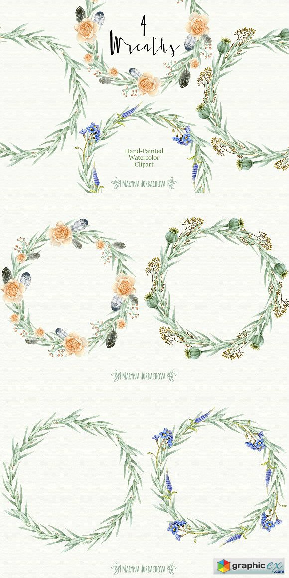 Set of 4 Watercolor wreaths