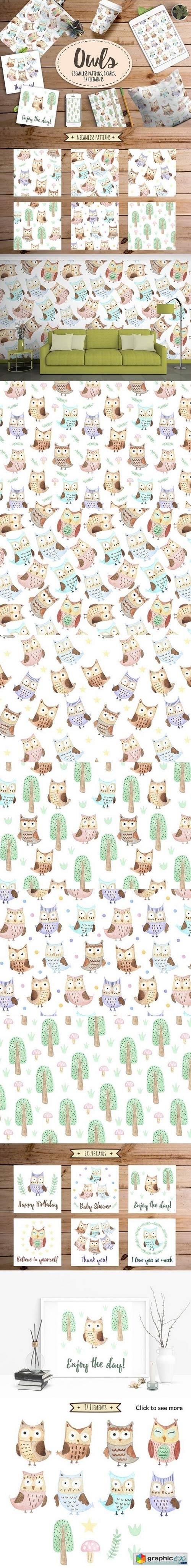 Watercolor Owls: patterns & cards