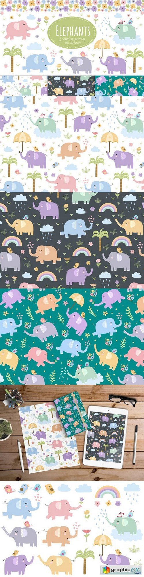 Elephants: seamless patterns&clipart