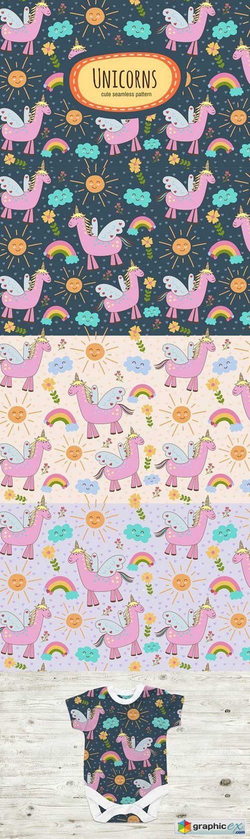Cute Unicorns: seamless patterns