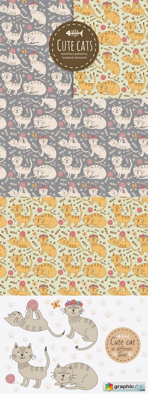 Cute cats seamless patterns