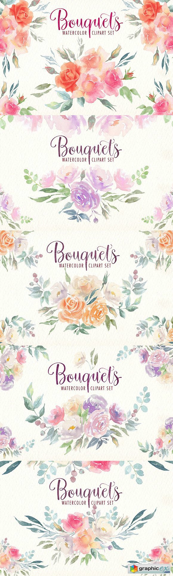 Watercolor bouquets clipart set