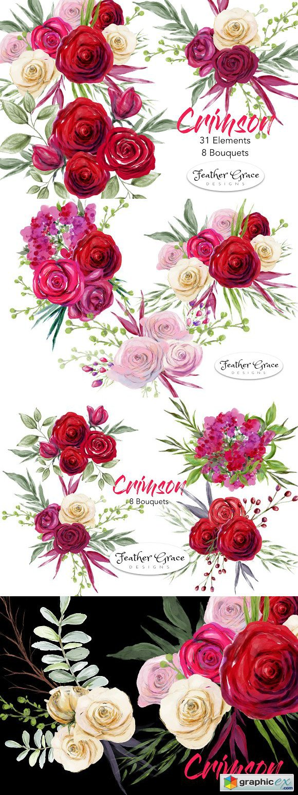 Red White Pink Flowers Watercolor