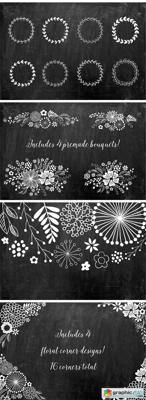 Chalkboard Floral Design Kit, AI PNG