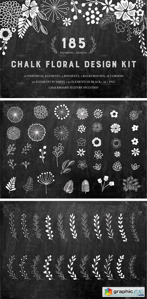 Chalkboard Floral Design Kit, AI PNG