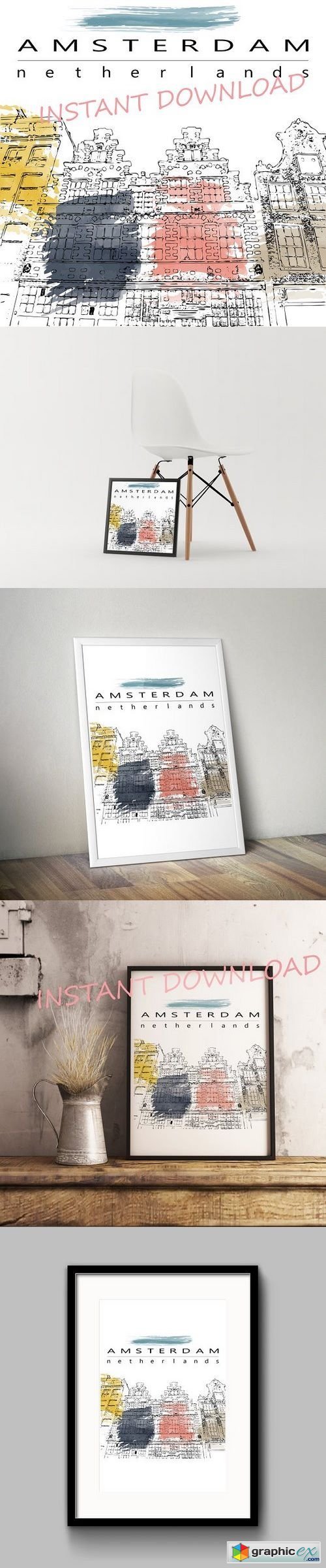 Amsterdam houses sketch illustration