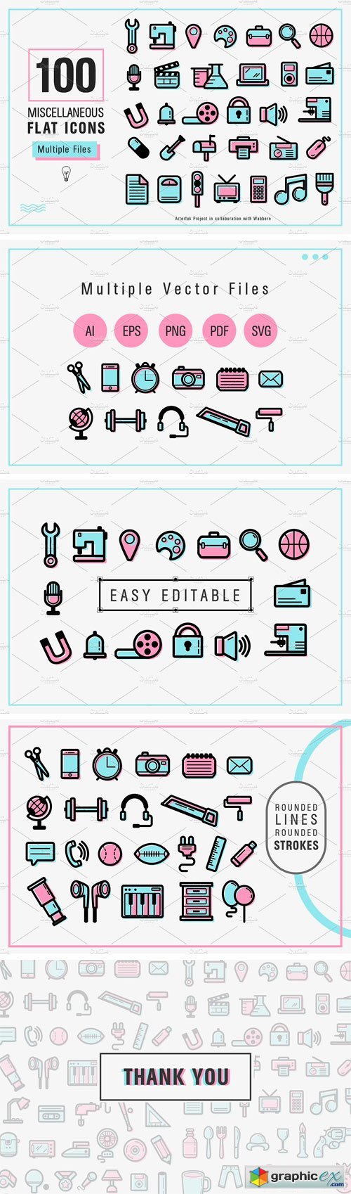 100 Miscellaneous Flat Icons