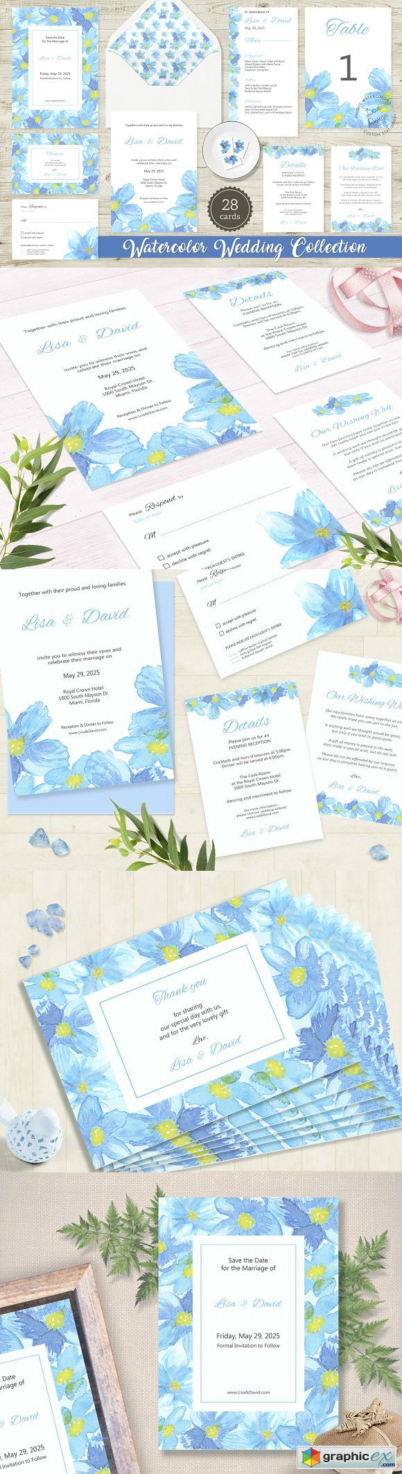 Blue Flower Watercolor Wedding Suite