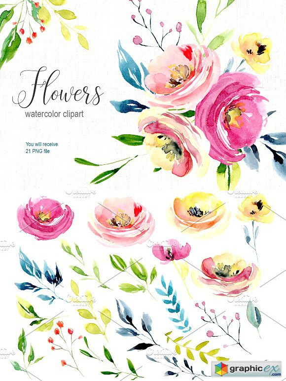 Watercolor bright flowers collection