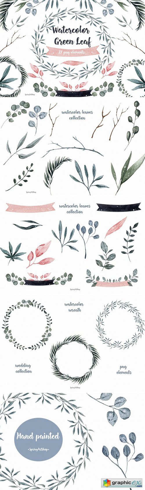 Watercolor Clipart Green Leaf