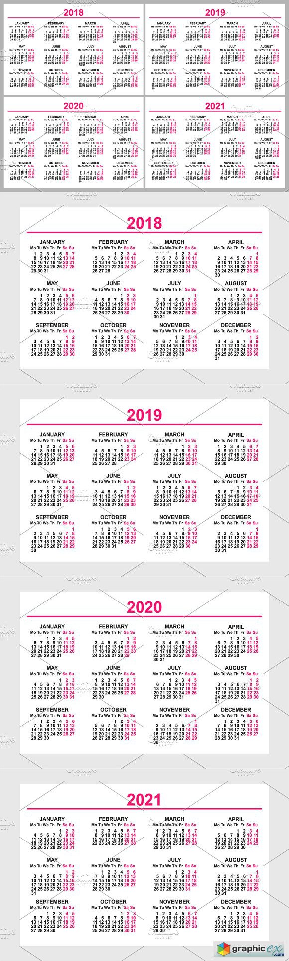 Calendar 2018, 2019, 2020, 2021