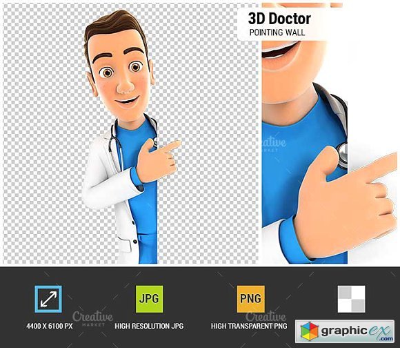 3D Doctor Pointing to Blank Wall