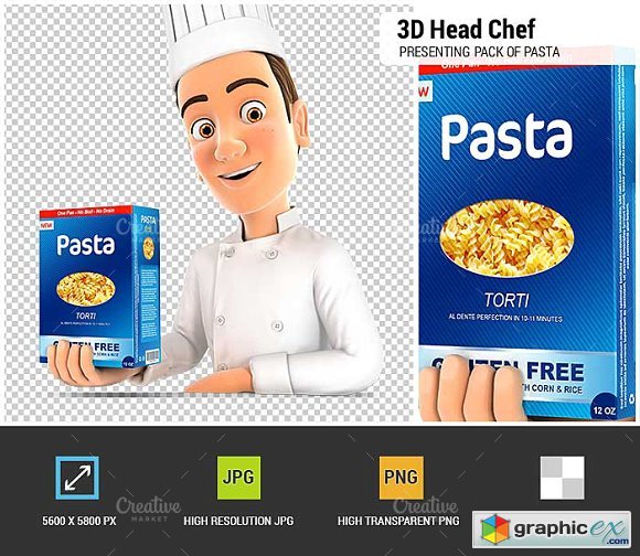 3D Head Chef Presenting Pasta