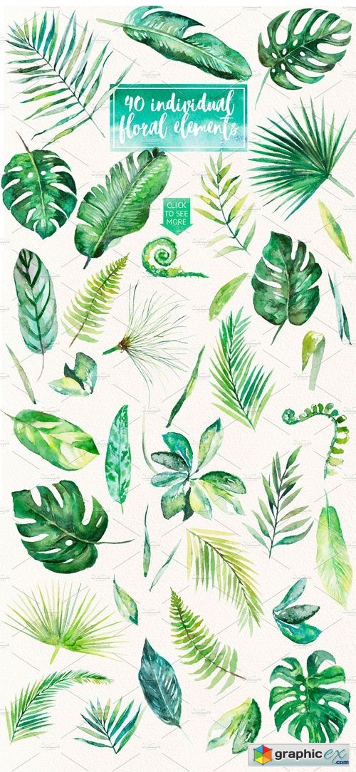 Tropical Leaves Watercolor Clip Art