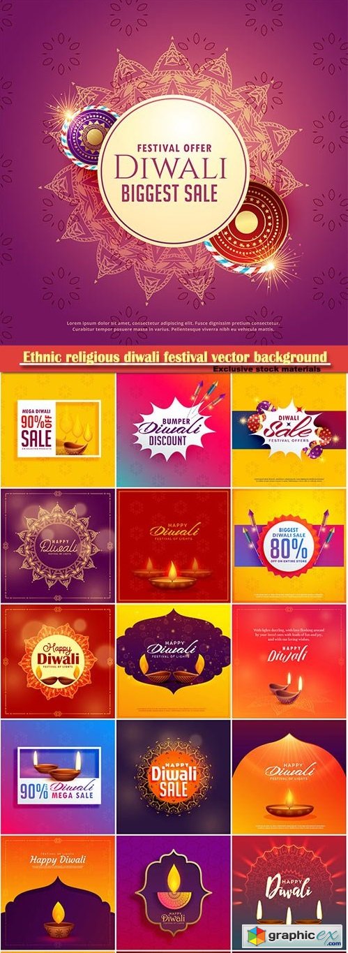 Ethnic religious diwali festival vector background with diya lamp