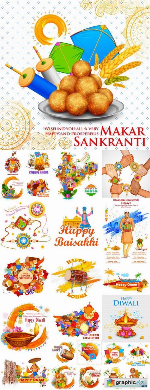 Collection Indian god holiday icon vector illustration Indian flag ethnic culture 25 EPS