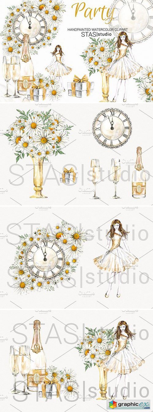 New Year Party Watercolor Clipart