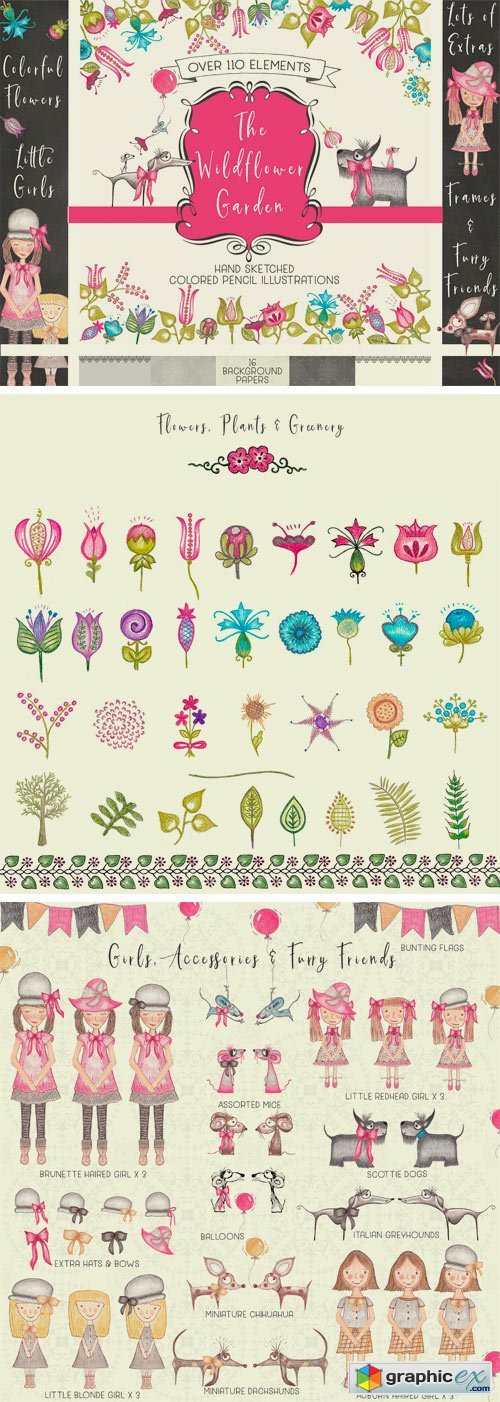 Hand Sketched Flowers Girls Animal