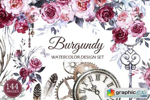 Watercolor Flower Clip Art -Burgundy