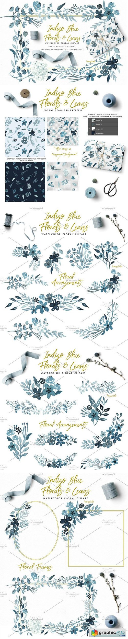 Indigo Blue Florals and Leaves