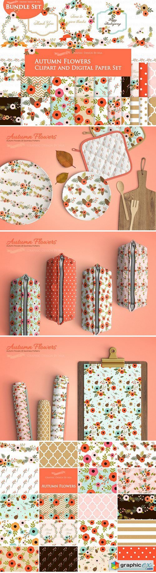 Autumn Flowers Clipart+Pattern set