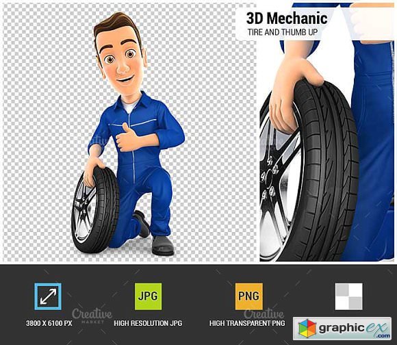 3D Mechanic with Tire and Thumb Up
