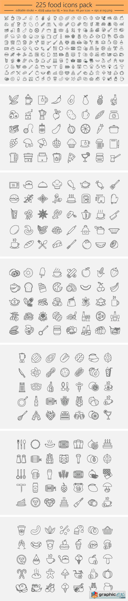 225 Food Icons. Editable Stroke!