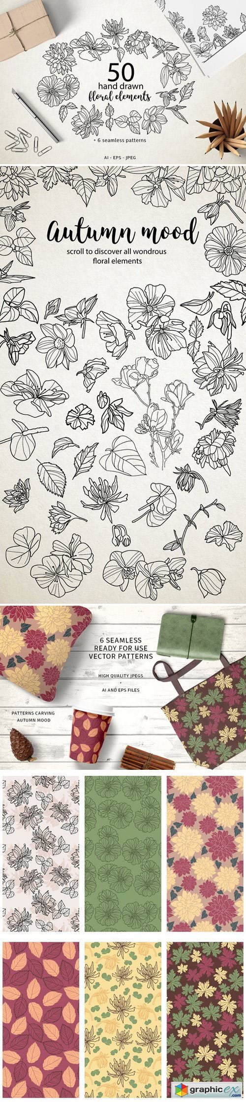 50 hand drawn floral elements