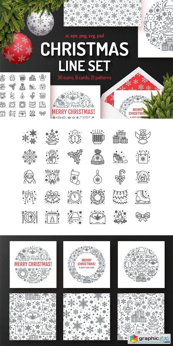 Christmas Line Set Icons, Patterns