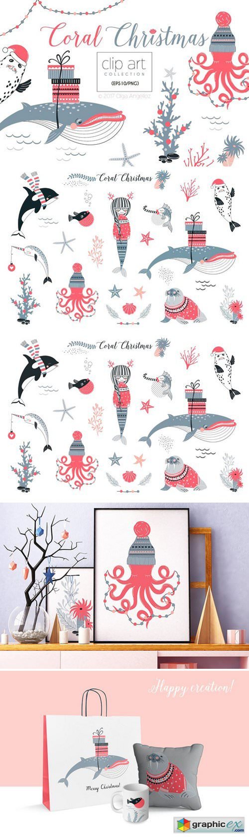 Coral Christmas clip art collection