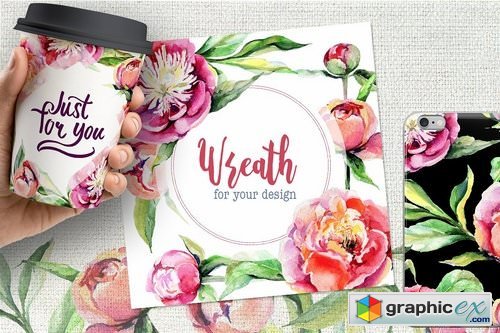 Peony flowers PNG watercolor set
