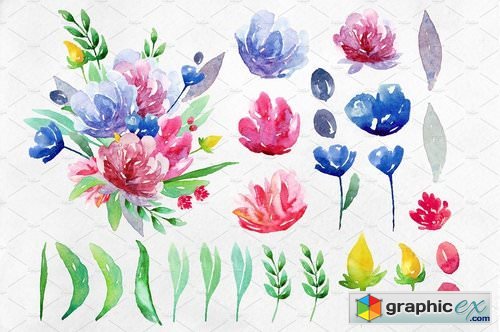 Watercolor summer flowers clip art