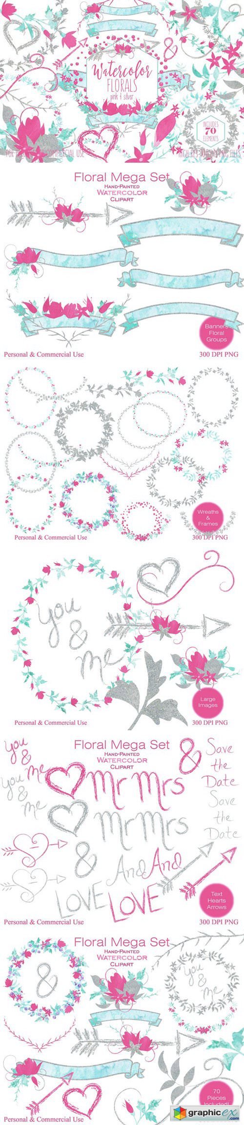 Pink & Silver Watercolor Floral Set